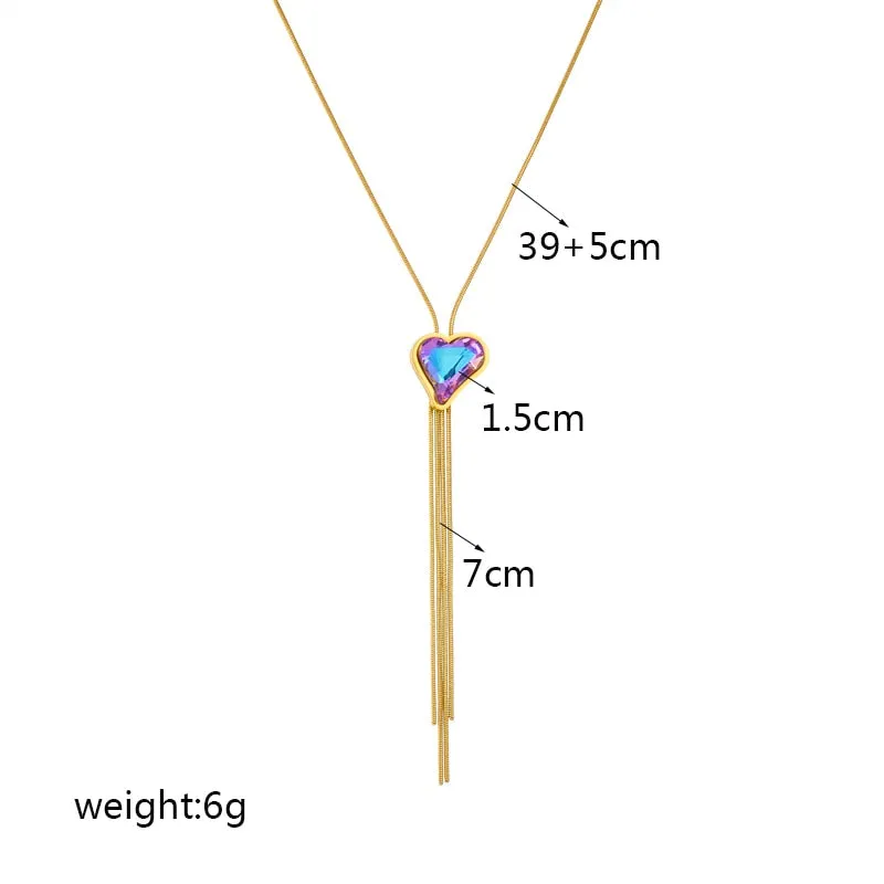 316L Stainless Steel Heart Round Colorful Stone Tassel Pendant Necklace For Women