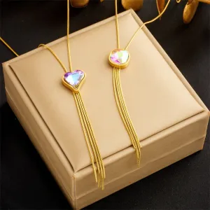 316L Stainless Steel Heart Round Colorful Stone Tassel Pendant Necklace For Women