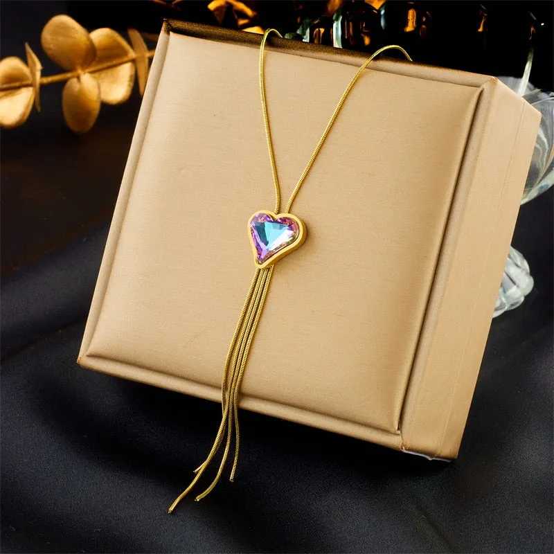316L Stainless Steel Heart Round Colorful Stone Tassel Pendant Necklace For Women