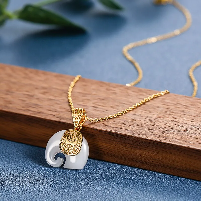 316L Stainless Steel Jade Elephant High Quality Pendant Necklace Woman