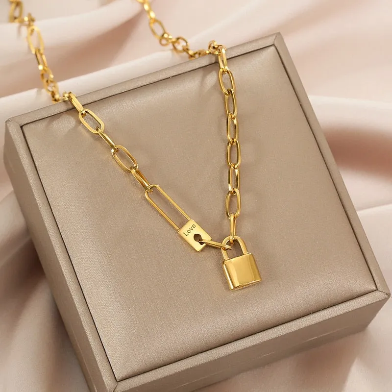 316L Stainless Steel Letter Love Lock Pendant Thick Chain Necklace
