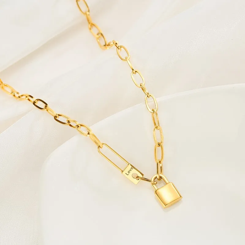 316L Stainless Steel Letter Love Lock Pendant Thick Chain Necklace