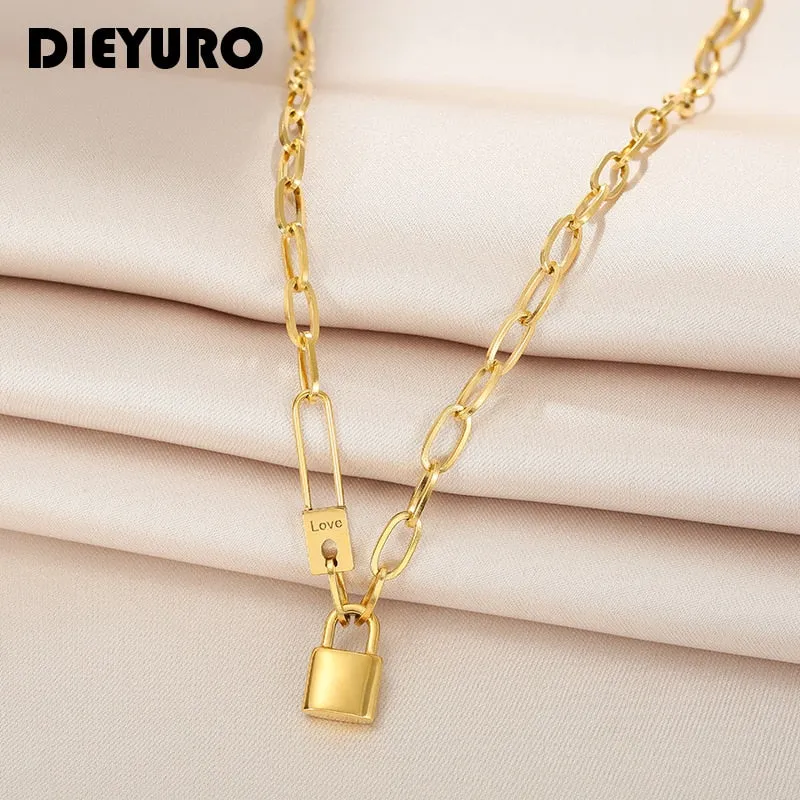 316L Stainless Steel Letter Love Lock Pendant Thick Chain Necklace