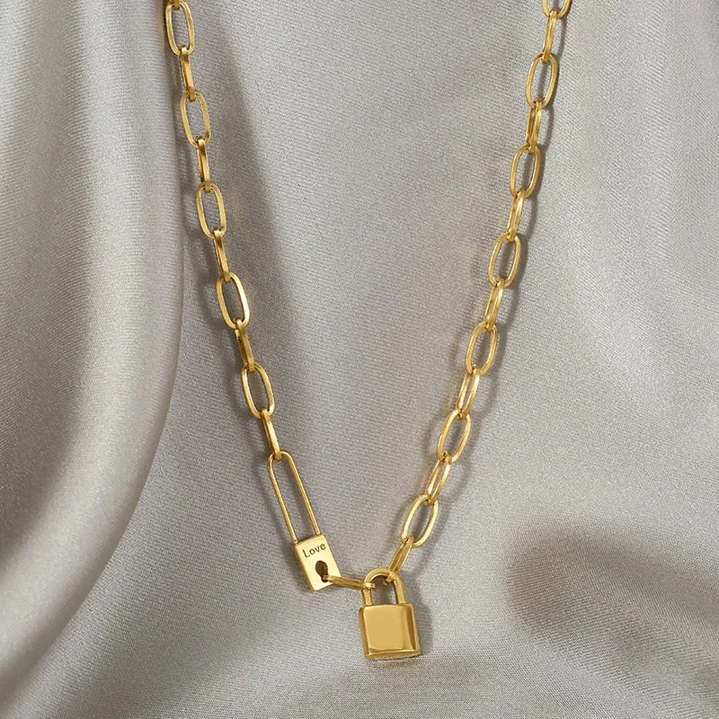 316L Stainless Steel Letter Love Lock Pendant Thick Chain Necklace