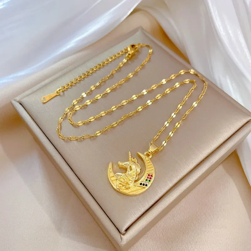 316L Stainless Steel Moon Horse Pendant Necklace For Women