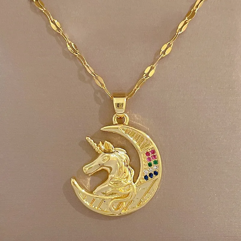 316L Stainless Steel Moon Horse Pendant Necklace For Women