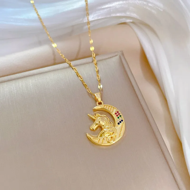 316L Stainless Steel Moon Horse Pendant Necklace For Women