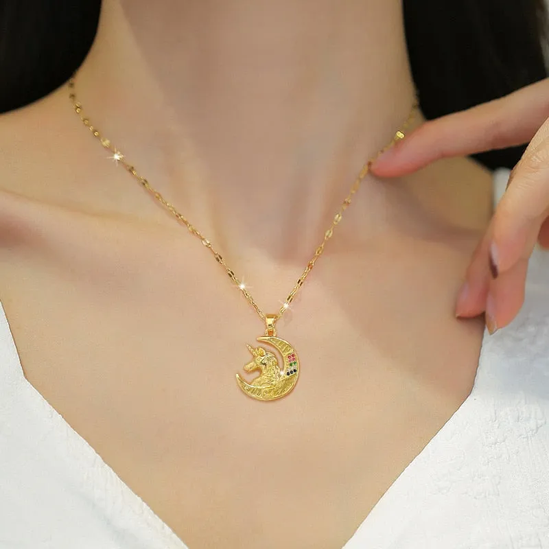 316L Stainless Steel Moon Horse Pendant Necklace For Women