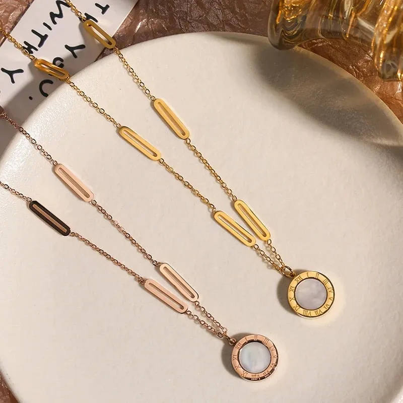 316L Stainless Steel Roman Digital Double Wafer Pendant Necklace for Women