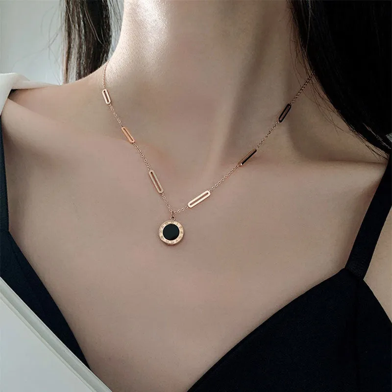 316L Stainless Steel Roman Digital Double Wafer Pendant Necklace for Women