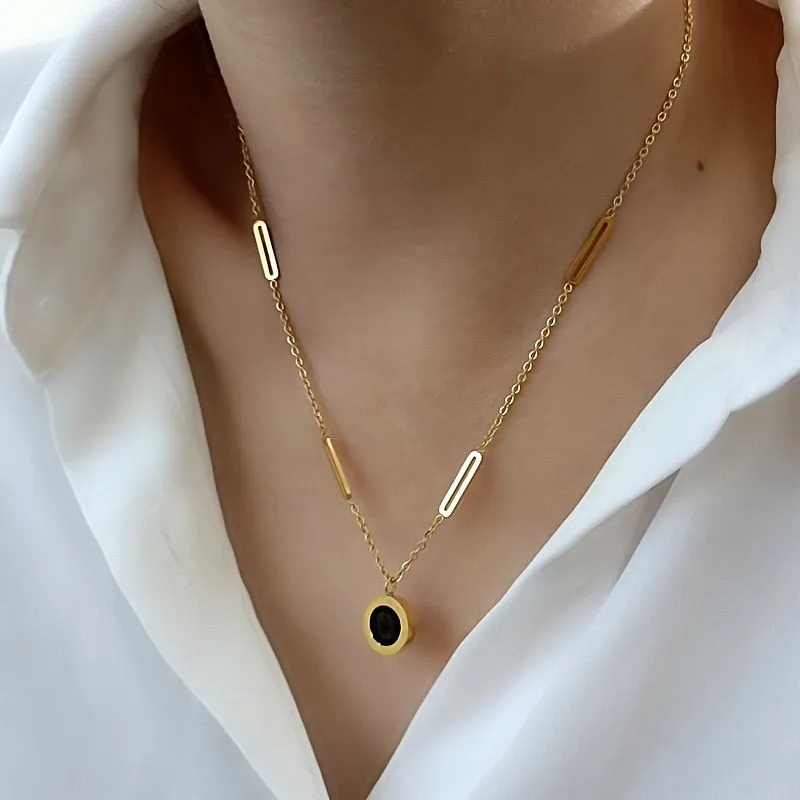 316L Stainless Steel Roman Digital Double Wafer Pendant Necklace for Women