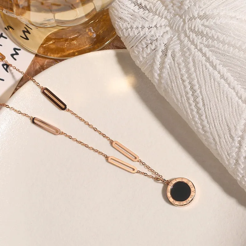 316L Stainless Steel Roman Digital Double Wafer Pendant Necklace for Women