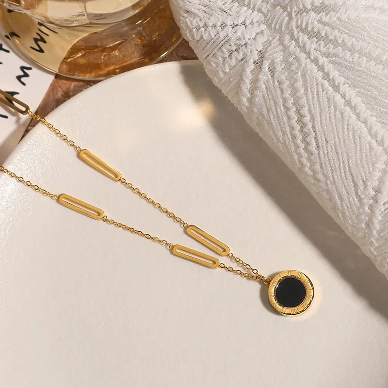 316L Stainless Steel Roman Digital Double Wafer Pendant Necklace for Women