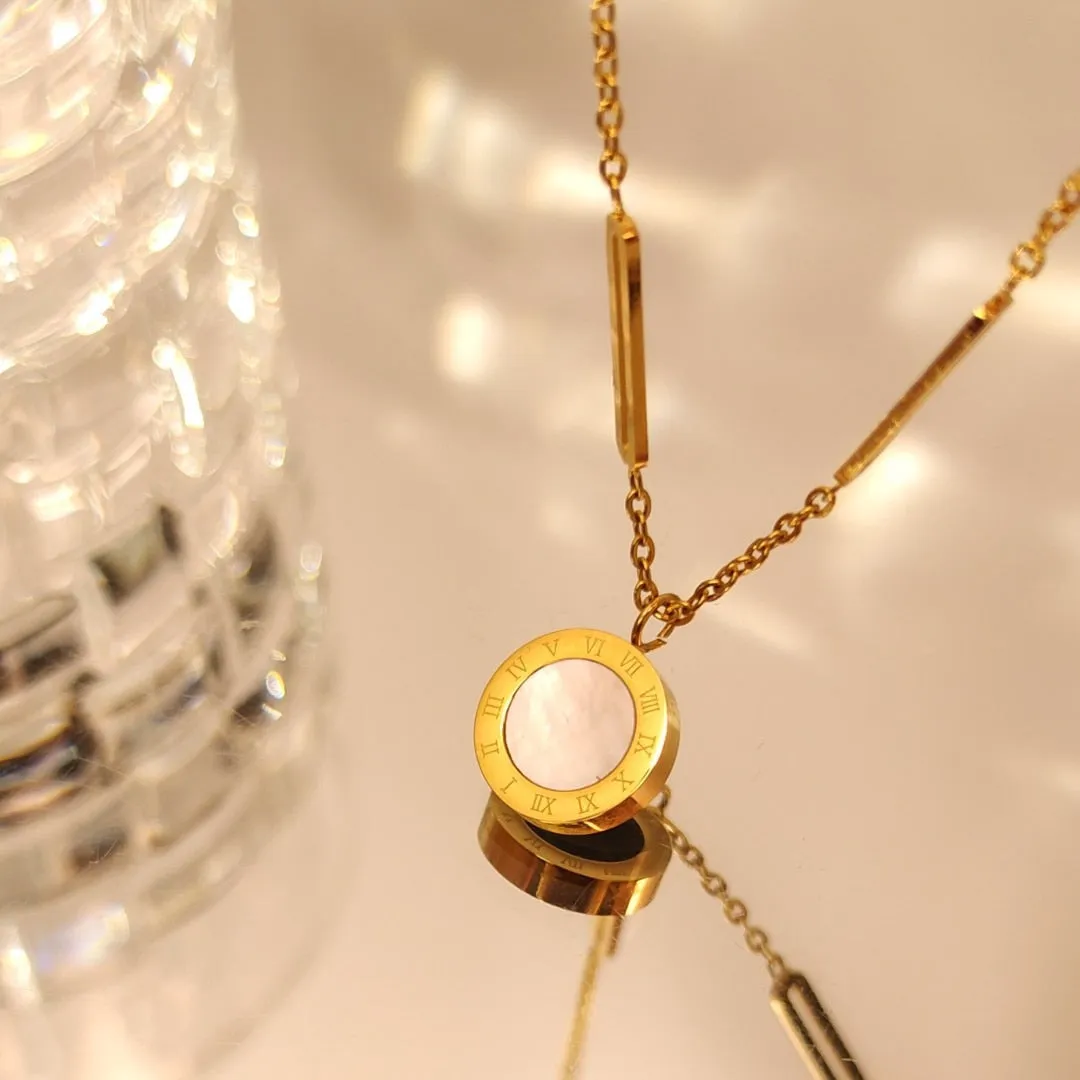 316L Stainless Steel Roman Digital Double Wafer Pendant Necklace for Women