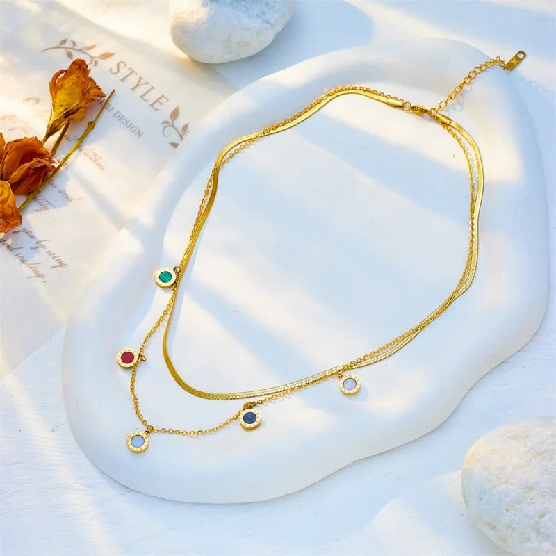 316L Stainless Steel Round Colorful Roman Numeral Pendant Necklace For Women