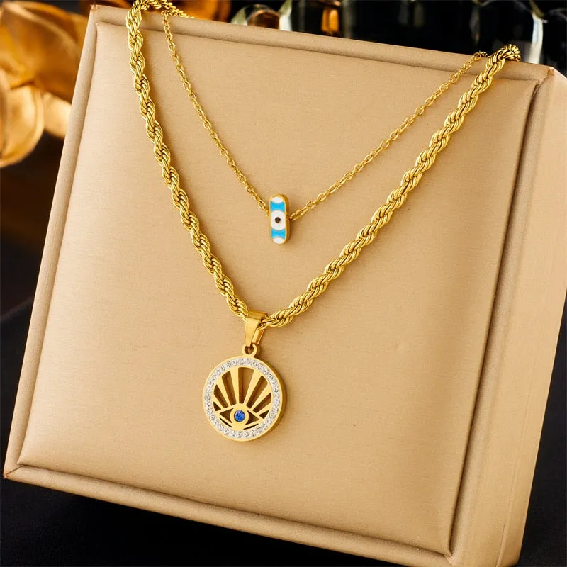 316L Stainless Steel Round Retro Eye Pendant Necklace For Women