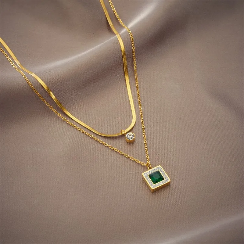 316L Stainless Steel Square Green Zircon Pendant Necklace For Women