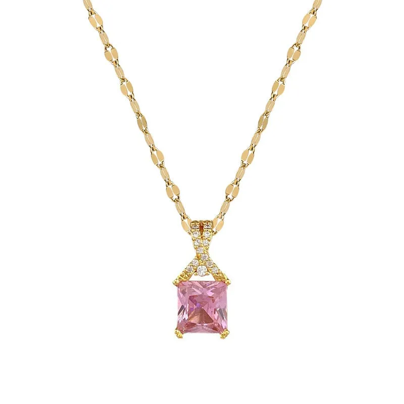 316L Stainless Steel Square Pink Crystal Zircon Pendant Necklace For Women