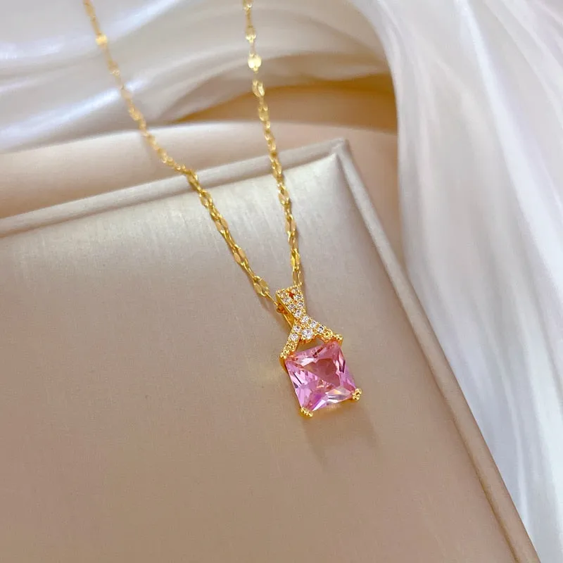 316L Stainless Steel Square Pink Crystal Zircon Pendant Necklace For Women