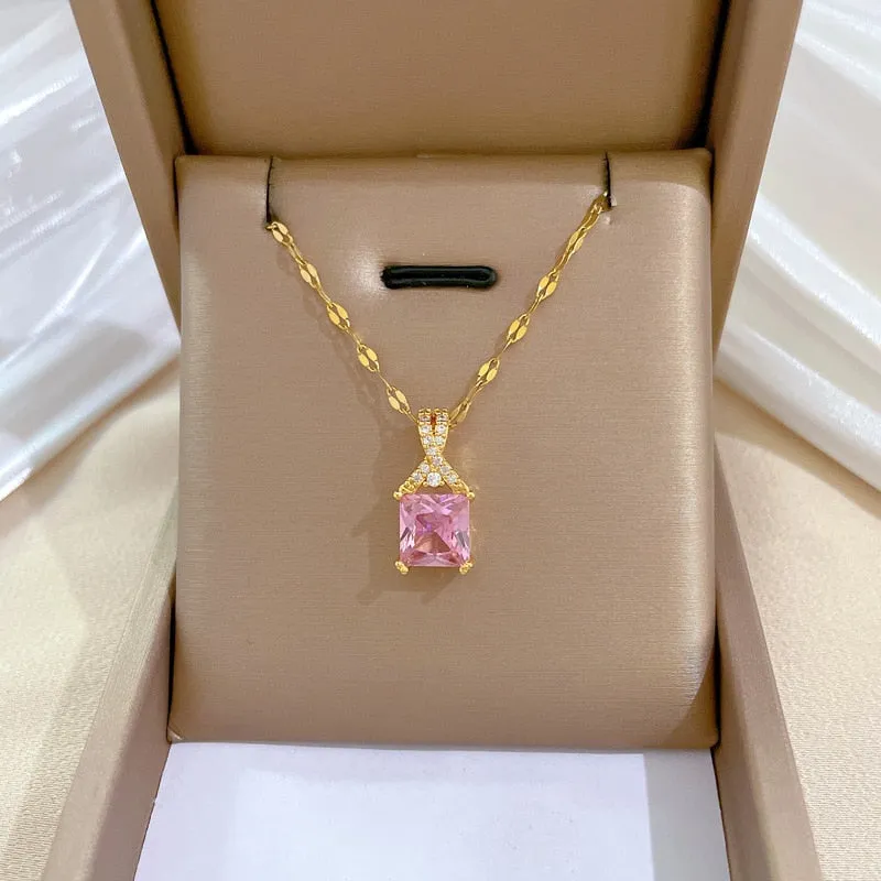 316L Stainless Steel Square Pink Crystal Zircon Pendant Necklace For Women