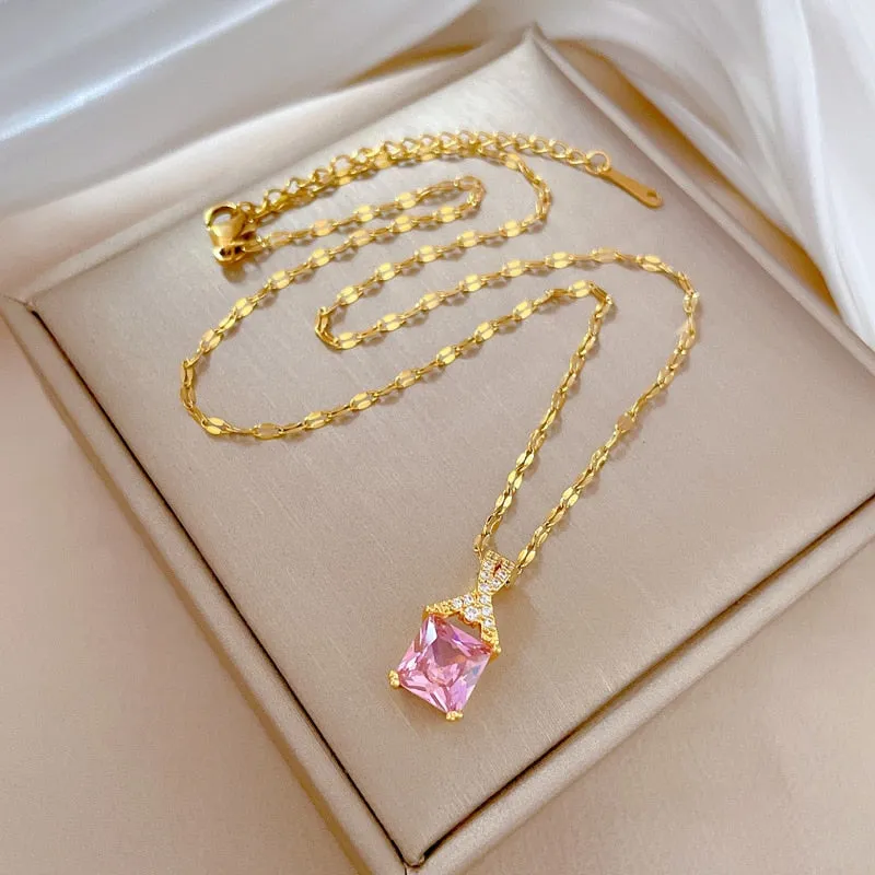 316L Stainless Steel Square Pink Crystal Zircon Pendant Necklace For Women