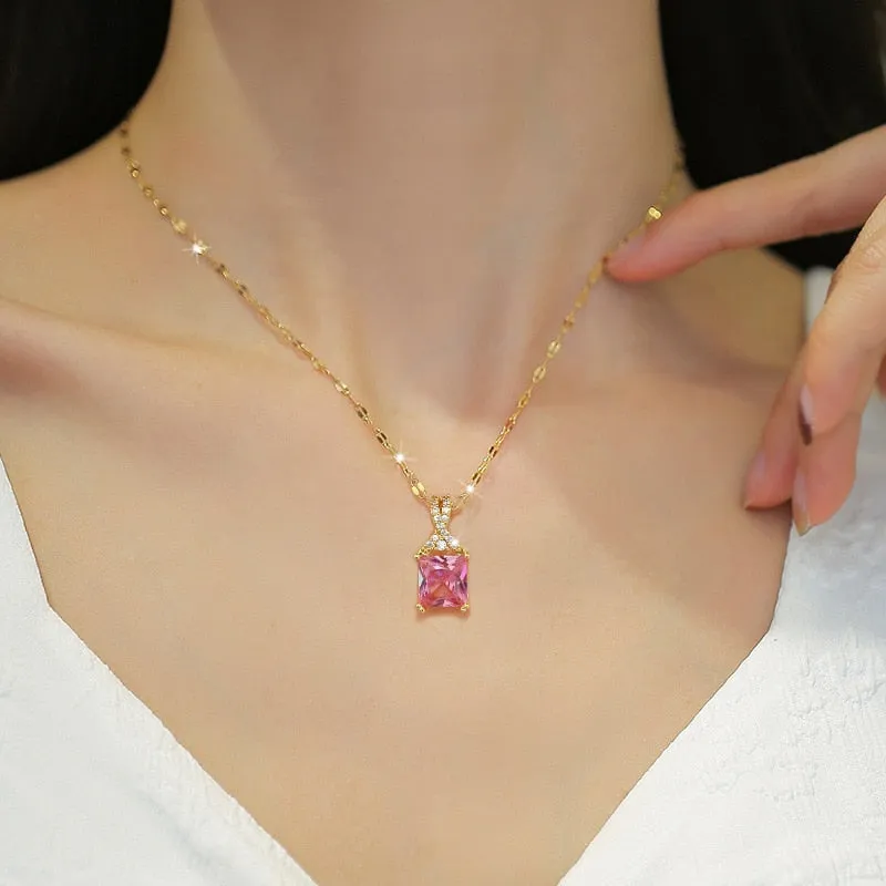 316L Stainless Steel Square Pink Crystal Zircon Pendant Necklace For Women