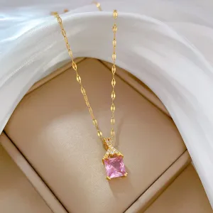 316L Stainless Steel Square Pink Crystal Zircon Pendant Necklace For Women