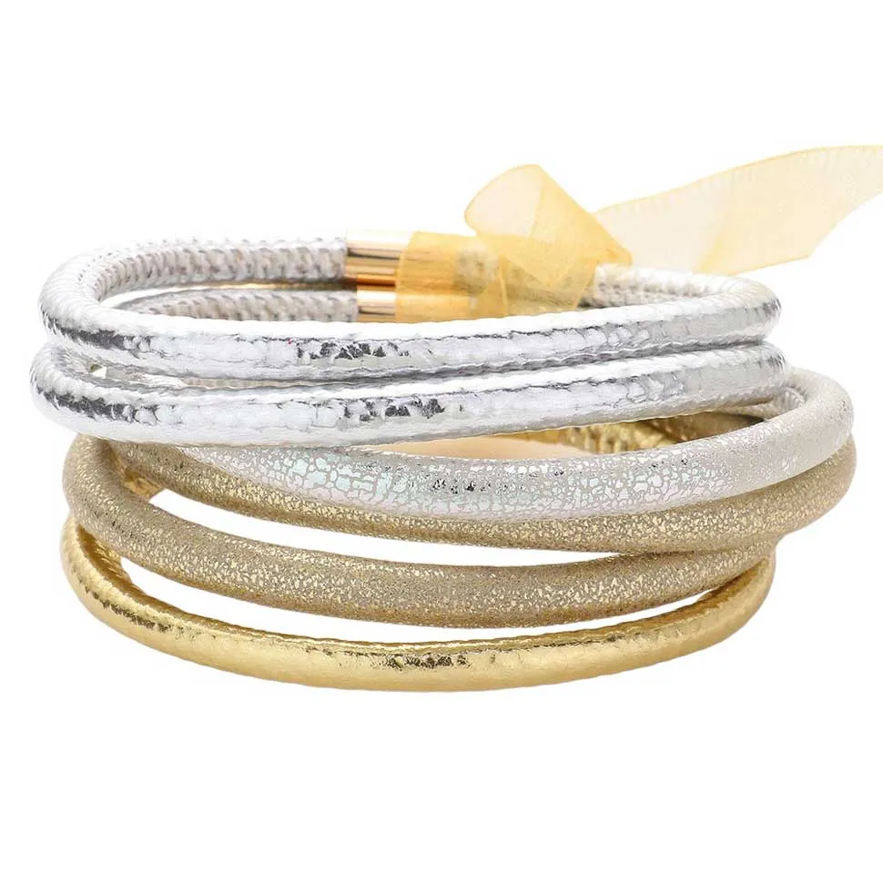6pcs Faux Leather Tube Bangle Bracelets
