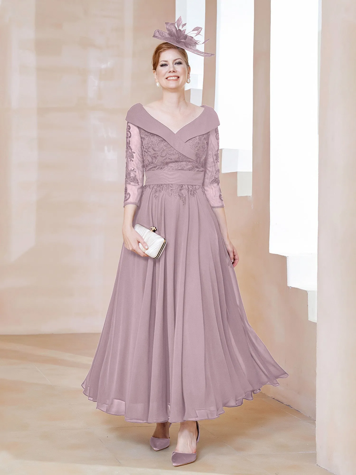 A-line V-neck Appliqued Chiffon Dress Dusk