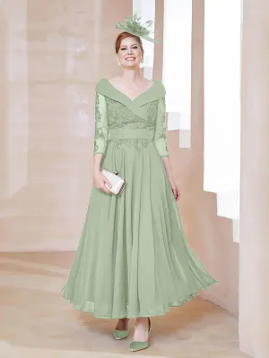 A-line V-neck Appliqued Chiffon Dress Dusty Sage