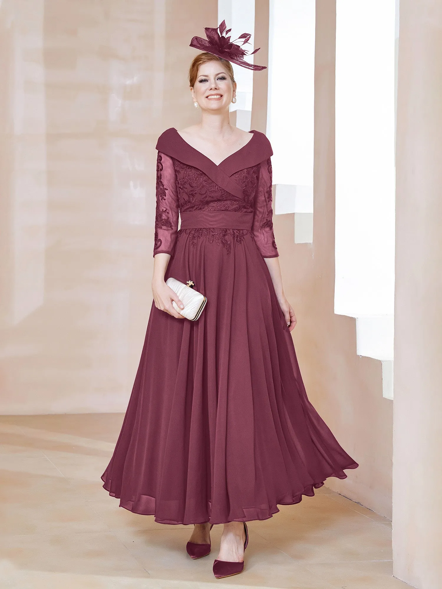 A-line V-neck Appliqued Chiffon Dress Mulberry