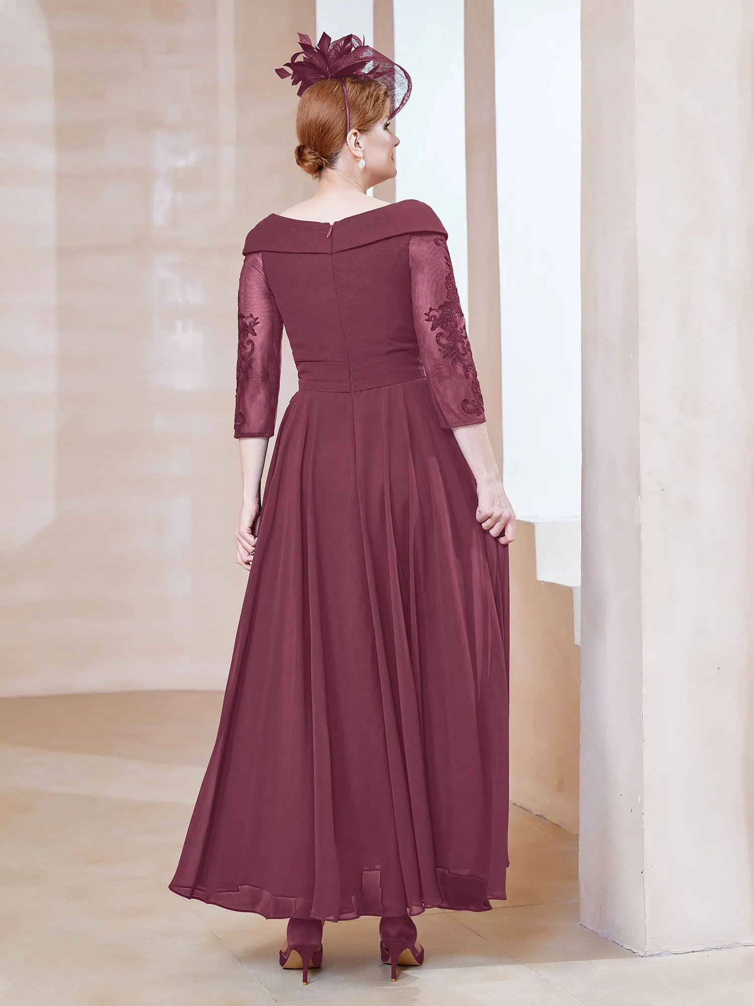 A-line V-neck Appliqued Chiffon Dress Mulberry