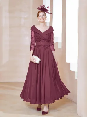 A-line V-neck Appliqued Chiffon Dress Mulberry