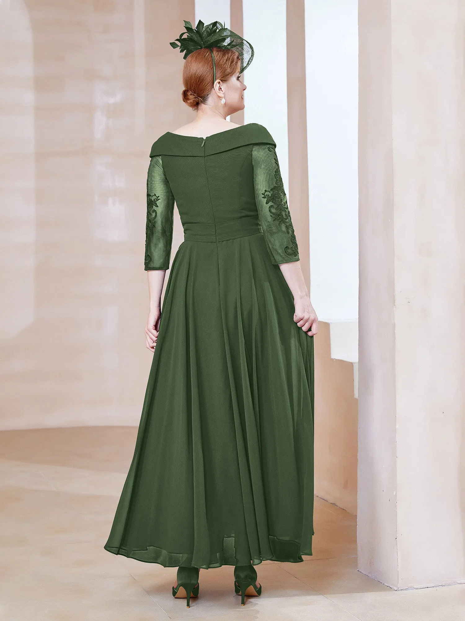 A-line V-neck Appliqued Chiffon Dress Olive Green