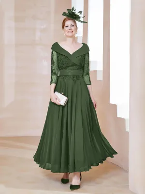 A-line V-neck Appliqued Chiffon Dress Olive Green
