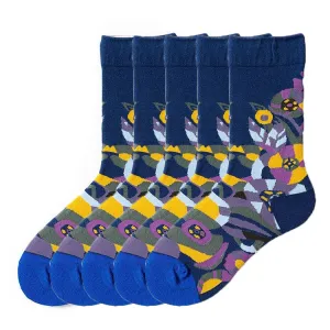 Anysox 5 Pairs Dark Blue Size 5-9 Fashion Socks High-Quality Office Sports Business Long Socks Cotton Solid Colors Skateboard Knitted Casual