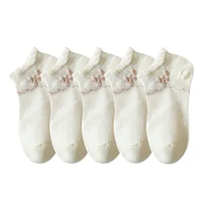 Anysox 5 Pairs One Size 35-40 Summer Short Boat Invisible Chaussette Ribbon Print Cotton Ankle  Breathable Women Sock