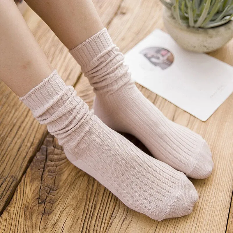 Anysox 5 Pairs One Size 36-43 Purple Retro Long Knitted Socks Cotton Autumn Winter Solid Color Women Student Girls