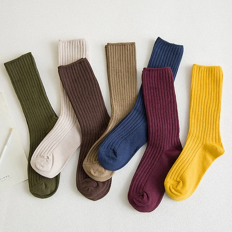 Anysox 5 Pairs One Size 36-43 Purple Retro Long Knitted Socks Cotton Autumn Winter Solid Color Women Student Girls