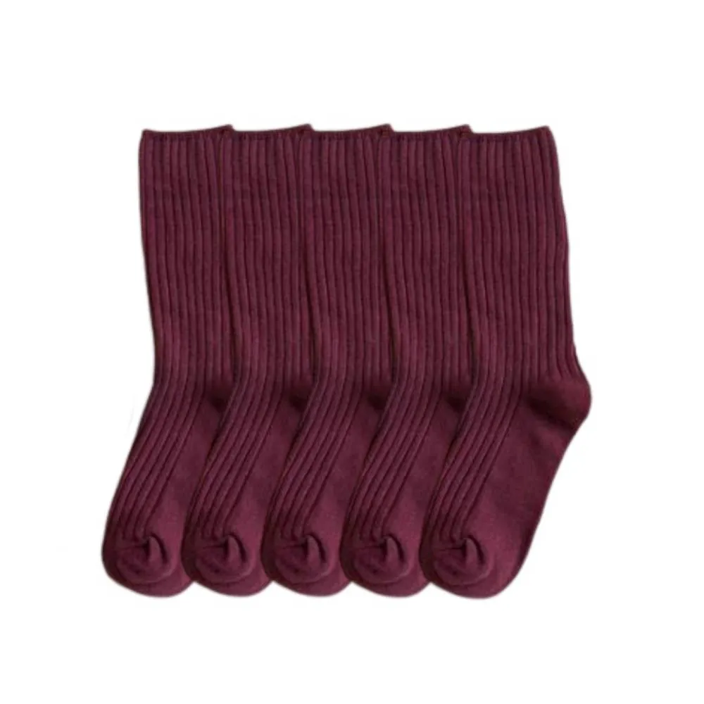 Anysox 5 Pairs One Size 36-43 Purple Retro Long Knitted Socks Cotton Autumn Winter Solid Color Women Student Girls