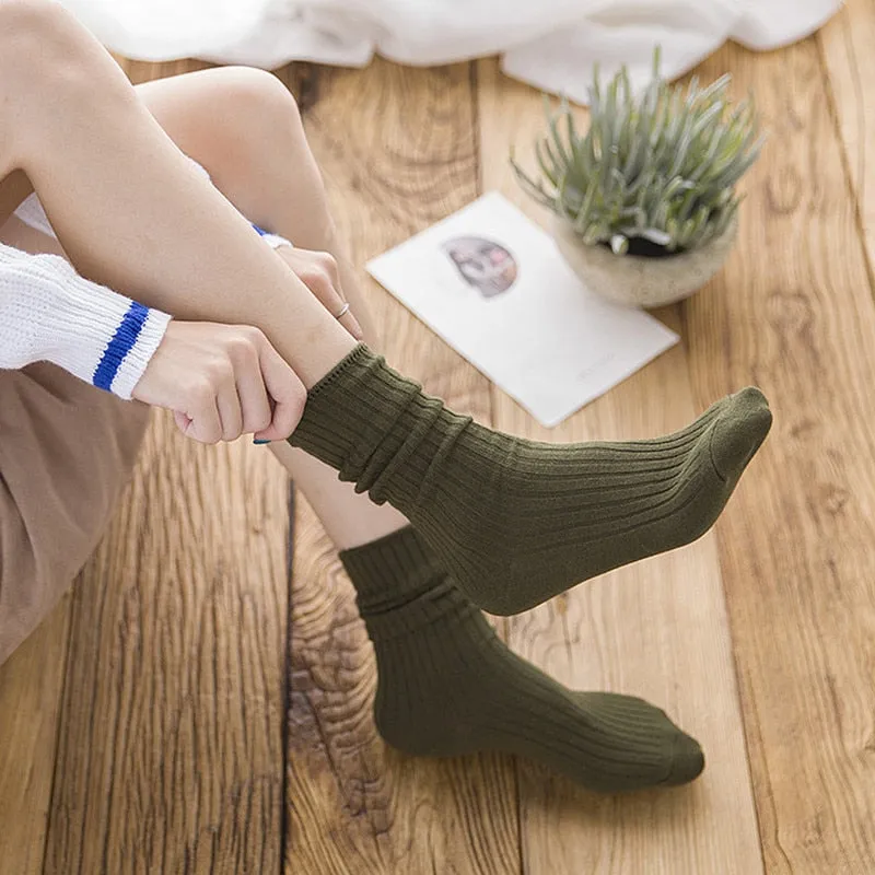 Anysox 5 Pairs One Size 36-43 Purple Retro Long Knitted Socks Cotton Autumn Winter Solid Color Women Student Girls