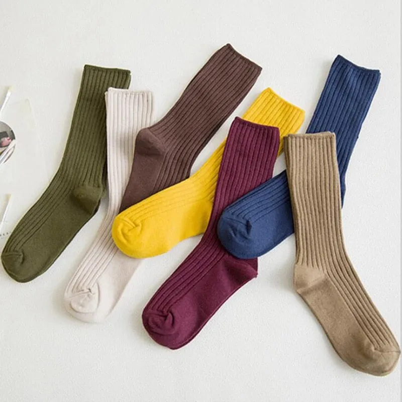 Anysox 5 Pairs One Size 36-43 Purple Retro Long Knitted Socks Cotton Autumn Winter Solid Color Women Student Girls