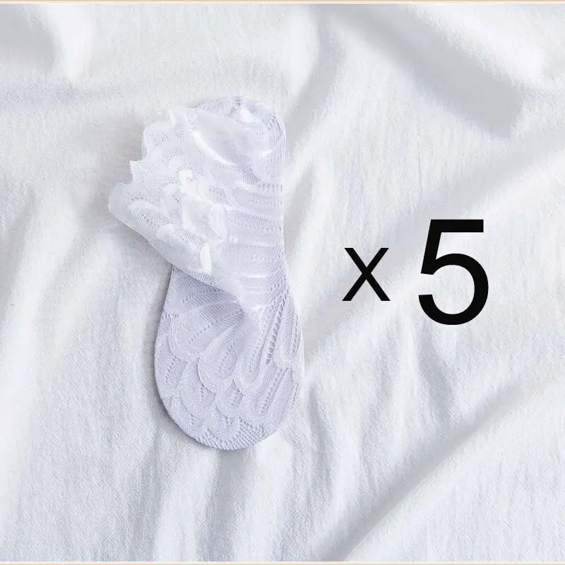 Anysox 5 Pairs One Size 4-5 White Fashion Summer Socks With Style Lace Peacock Flower Short Ankle Socks For Women