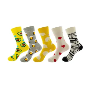 Anysox 5 Pairs One Size 5-11 Mixed Color Set Christmas Socks Cotton Fashion Heart  and Fruits Woman Skateboard Oil Paitiing