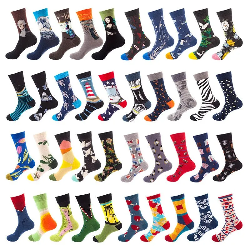 Anysox 5 Pairs One Size 5-11 Mixed Color Socks Cotton Fashion Shape Designs Woman Skateboard Oil Paitiing