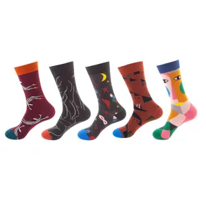 Anysox 5 Pairs One Size 5-11 Mixed Color Socks Eye Cotton Fashion Woman Skateboard Oil Paitiing
