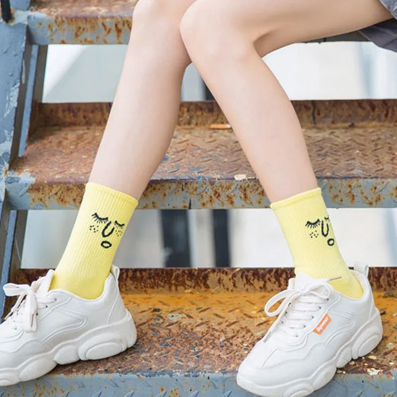 Anysox 5 Pairs One Size 5-9 Black Unisex Wacky Expressions Style Trend Surprise Socks With Candy Colors Funny, Kawaii, Happy Girls Socks For Women