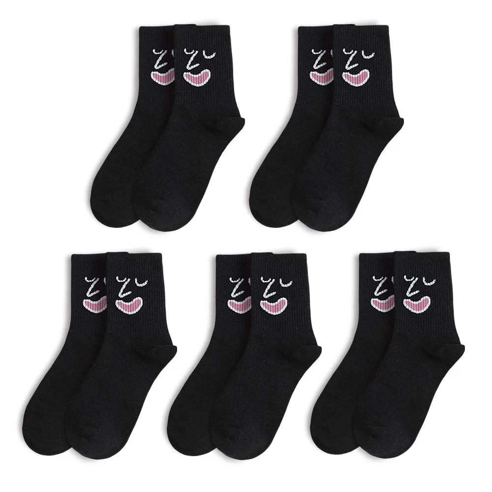 Anysox 5 Pairs One Size 5-9 Black Unisex Wacky Expressions Style Trend Surprise Socks With Candy Colors Funny, Kawaii, Happy Girls Socks For Women