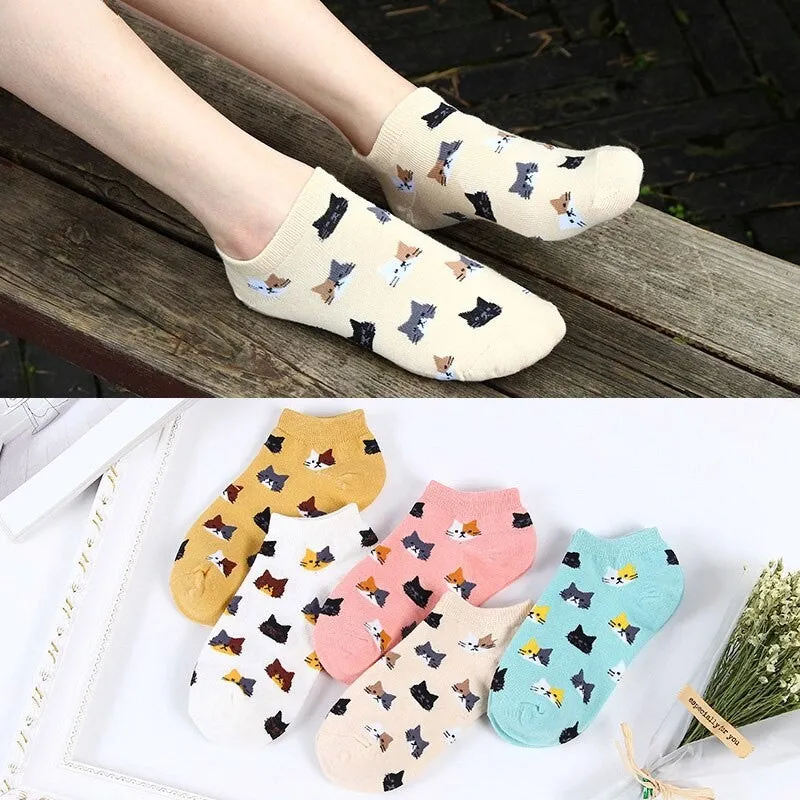 Anysox 5 Pairs One Size 5-9 Candy Color Kitten Summer Invisible Female Fashion Casual Cute Cartoon Short Cotton Ladies Dropship