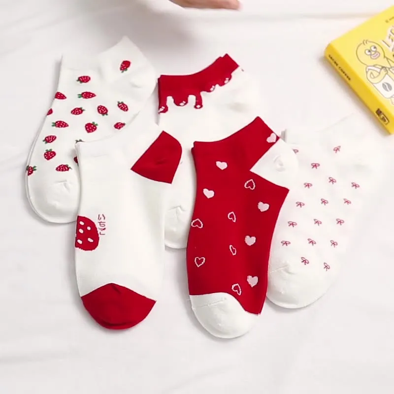 Anysox 5 Pairs One Size 5-9 Mix Strawberry Liner Cotton And Spandex Socks With Fruit Creative Design Brand Perfect for Women